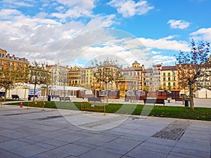 Plaza del Castillo of Pamplona side image in which you can see the buildings that form it and the contral kiosk. without just photo