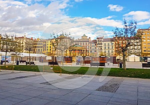 Plaza del Castillo of Pamplona side image in which you can see the buildings that form it and the contral kiosk. without just photo