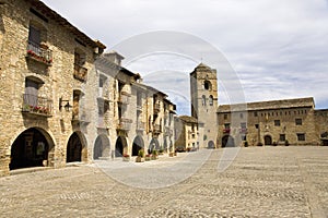 Plaza Mayor, in Ainsa, Huesca, Spain in Pyrenees Mountains, an old walled town with hilltop views of Cinca and Ara Rivers