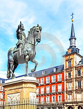 Plaza Mayor with statue of King Philips III in Madrid, Spain.