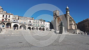 Plaza Mayor of Trujillo with houses and medieval church from the time of the conquistadors, Extremadura.