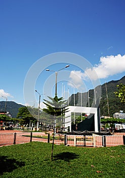 Plaza with monument and garden with flowers in the city of Tingo Maria, province of Leoncio Prado, region of Huanuco, 9