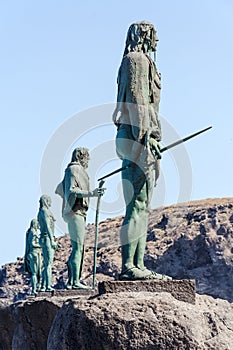 Plaza of the patron of Canaries Guanches with statues. The last kings of Tenerife in bronze statuary and oversized. Candelaria, Te