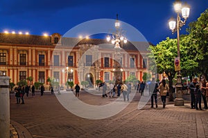 Plaza Virgen de Los Reyes Square at night and Archdiocese of Seville - Seville, Andalusia, Spain