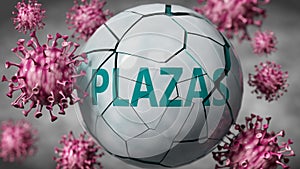 Plazas and Covid-19 virus, symbolized by viruses destroying word Plazas to picture that coronavirus outbreak destroys Plazas, photo