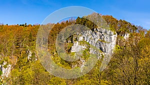 Plazowki Rocks limestone wall above Pradnik Valley Dolina Pradnika within Jura Krakowsko-Czestochowska upland in Lesser Poland