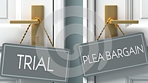 Plea bargain or trial as a choice in life - pictured as words trial, plea bargain on doors to show that trial and plea bargain are