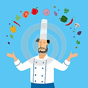 A pleasant chef with a beard tosses the ingredients for the dish. Cute cartoon character photo