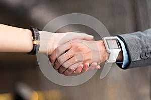 Pleasant colleagues shaking hands