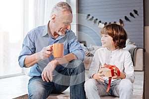 Pleasant delighted child looking at his grandfather