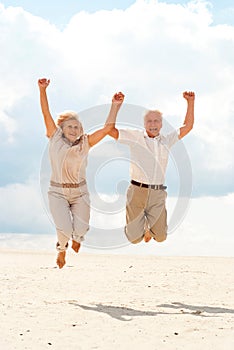 Pleasant elderly couple enjoy the sea breeze