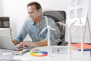 Pleasant engineer using laptop