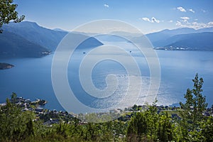 The pleasant fjord town of Balestrand, located on Sognefjord, is a small tourist town, pictured here from a hiking trip photo