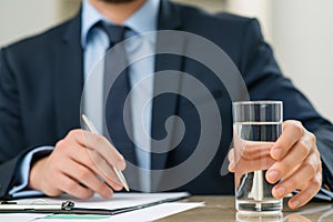 Pleasant office worker holding glass of water