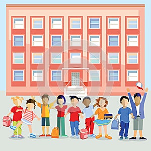 Pleasant school children in front of the school