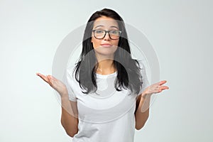 Pleasant woman explaining something with gesture