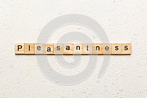 pleasantness word written on wood block. pleasantness text on cement table for your desing, concept