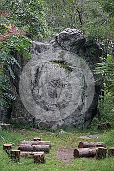 This 600 million year old gneiss rock in Rockefeller State Park Preserve is one of the largest glacial erratics in the US photo