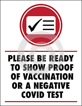 Please Be Ready to Show Proof of Vaccination or A Negative Covid Test Sign | Vector Sign for Restaurants, Bars and Businesses