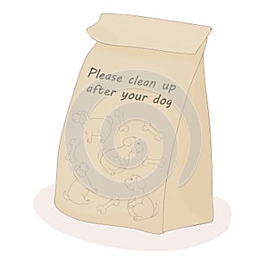Please clean up after your dog. Paper package for shit. Vector pet. Poop bag. Remove turd.