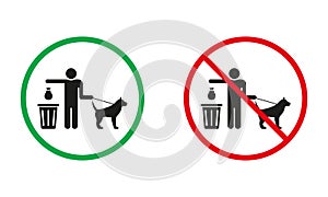 Please Clean Up After Your Dog Poop Warning Sign. Man Throw Bag With Shit Into Trash Can Silhouette Icons Set. Walking