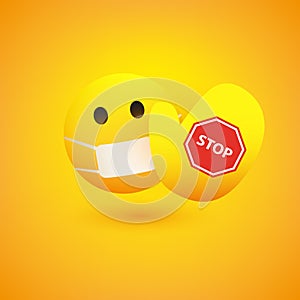 Please Do not Come Any Closer - Simple Emoticon with Medical Mask and Showing a Palm with Stop Sign - Social Distancing Concept