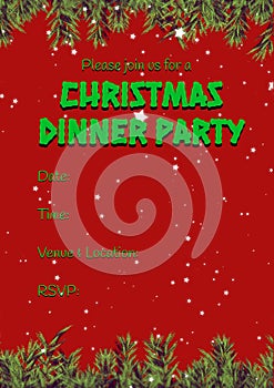 Please join us for a christmas dinner party with date, time, venue, location, rsvp on red background