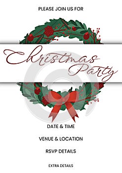 Please join us for christmas party with date, time, venue, location, rsvp details text and wreath