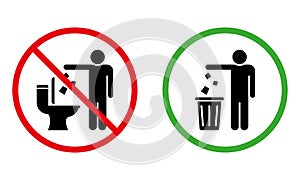 Please Keep Clean Silhouette Sign. Forbidden Drop Rubbish Sticker. Allowed Throw Litter, Garbage in Bin Icon. Warning