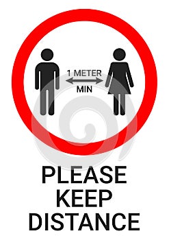 Please keep distance. Vector poster for printing on a standard sheet of paper. Symbol of a man and woman at a distance of at le