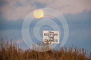 Please keep off the dunes sign under a full moon.