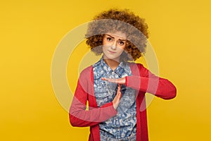 Please, need break! Portrait of unhappy pleading woman with curly hair looking tired, asking for pause