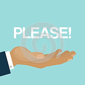 Please, open mans arm or hand, gesture of plea and request, cartoon vector illustration. photo