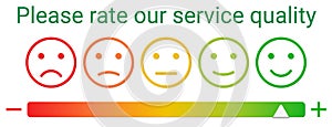 Please rate the quality of service. Vector template.  Rank of satisfaction rating.  Emoticon feedback