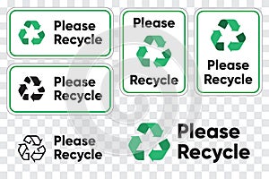 Please Recycling Sign for Public Places. Recycle Green Arrows Pictogram. Isolated vector illustration on transparent