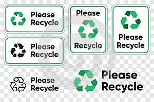 Please Recycling Sign for Public Places. Recycle Green Arrows Pictogram. Isolated vector illustration on transparent photo