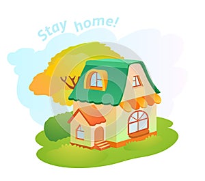 Please, stay home! Observe quarantine! Vector illustration with cartoon house