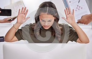 Please stop with all the demands. a young call centre agent looking stressed out in a demanding office environment.
