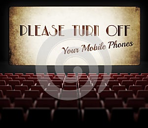 Please turn off cell phones movie screen in old cinema