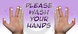 Please wash your hands, two hands with fingers with faces wearing face masks with one finger person sneezing, virus background