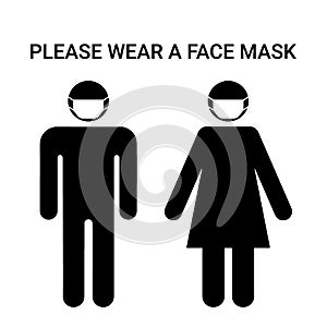 Please wear a face mask, sign. Man and woman silhouette with respirator protective mask on their faces. Personal