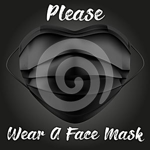 Please Wear a Mask Thank You Warning Sign with a Face Mask Shape and Heart Symbol. Vector Image. Black mask on black background