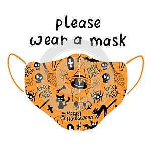 Please wear medical face mask - halloween poster, simple illustration and lettering in flat style. Measures to reduce risk of