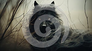 The interplay between the veiled shadows, the ethereal glass, and the enigmatic wolf