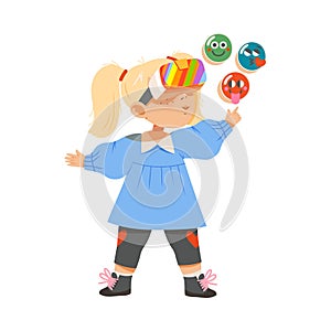Pleased Blond Girl in Virtual Reality Glasses Playing Game Vector Illustration