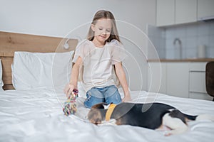Pleased female child playing with the beagle