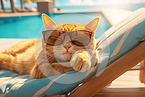 pleased ginger cat in sunglasses resting on a sun lounger by the pool