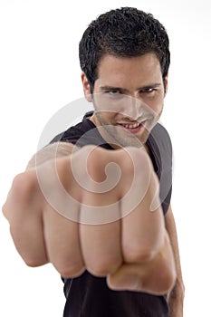 Pleased man showing punch
