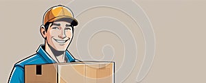 With a pleased smile, the delivery man holds a cardboard box