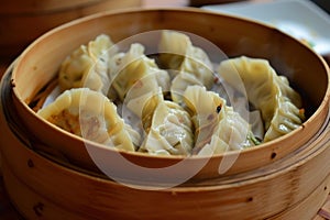 Pleasurable Bamboo steamer dumplings. Generate AI photo